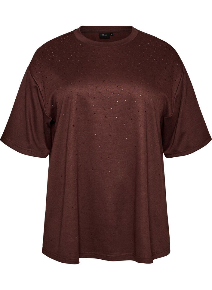 T-shirt with rhinestones and round neck, Brown, Packshot image number 0