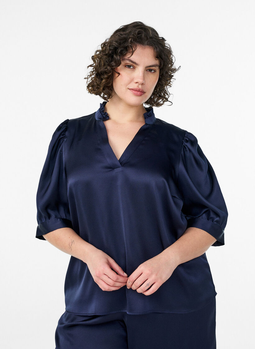 Satin-look blouse with 1/2 sleeves and a ruffle collar, Blue, Model image number 0