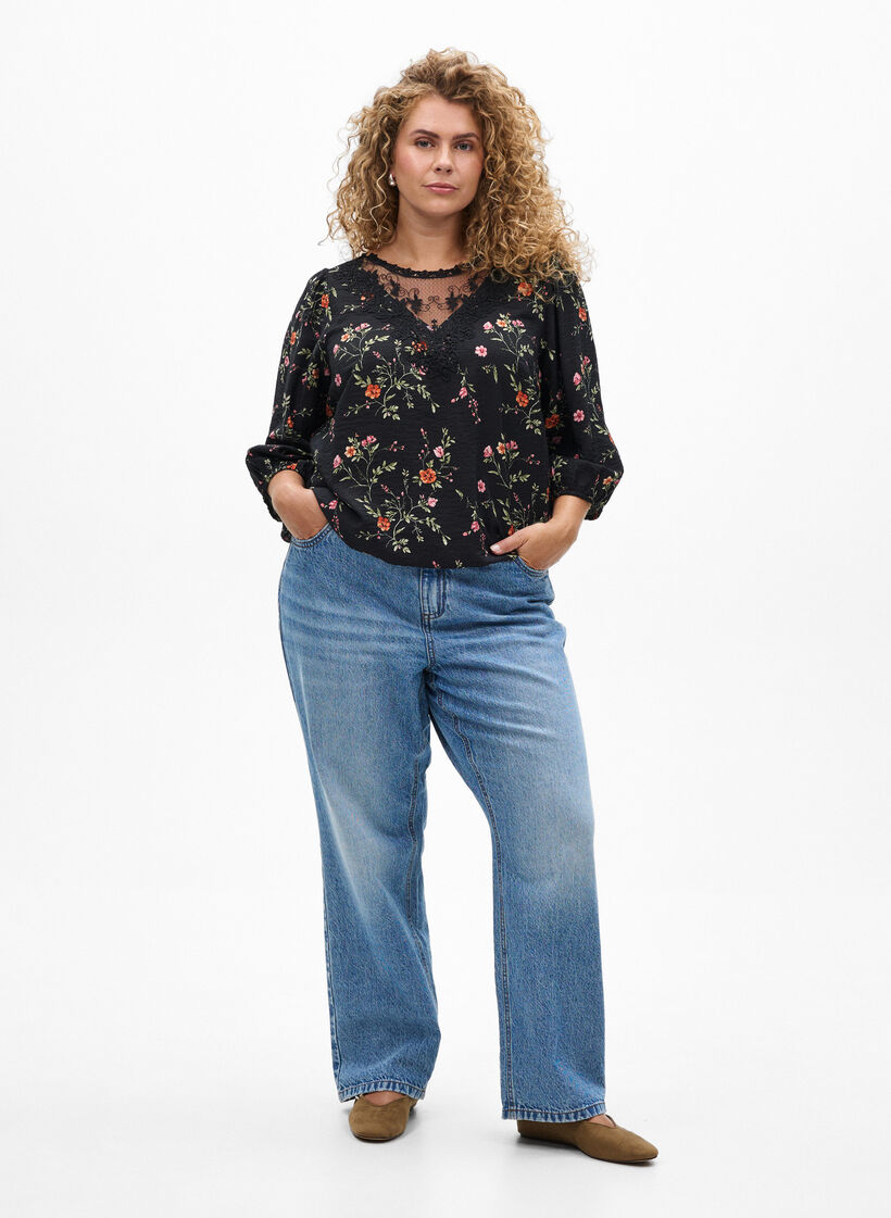 Blouse with 3/4 sleeves and lace details, Black, Model image number 1