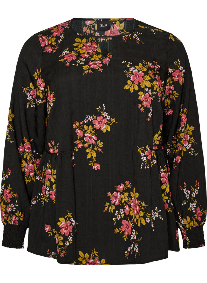 Long-sleeved blouse with floral print, Black, Packshot image number 0