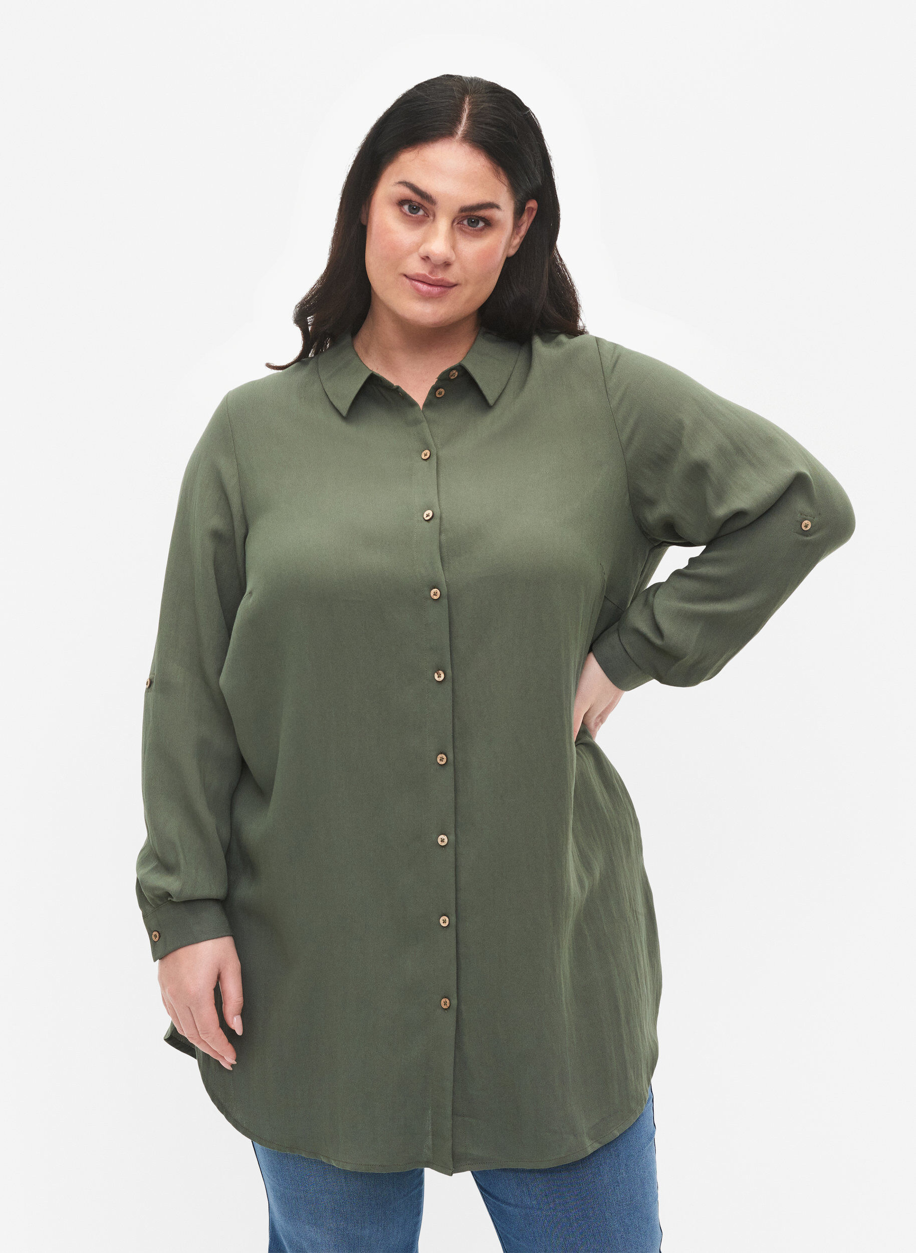 Zizzifashion Long plain viscose shirt, Thyme, Model image number 0