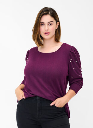 Long sleeve blouse with pearls, Purple Melange, Model image number 0