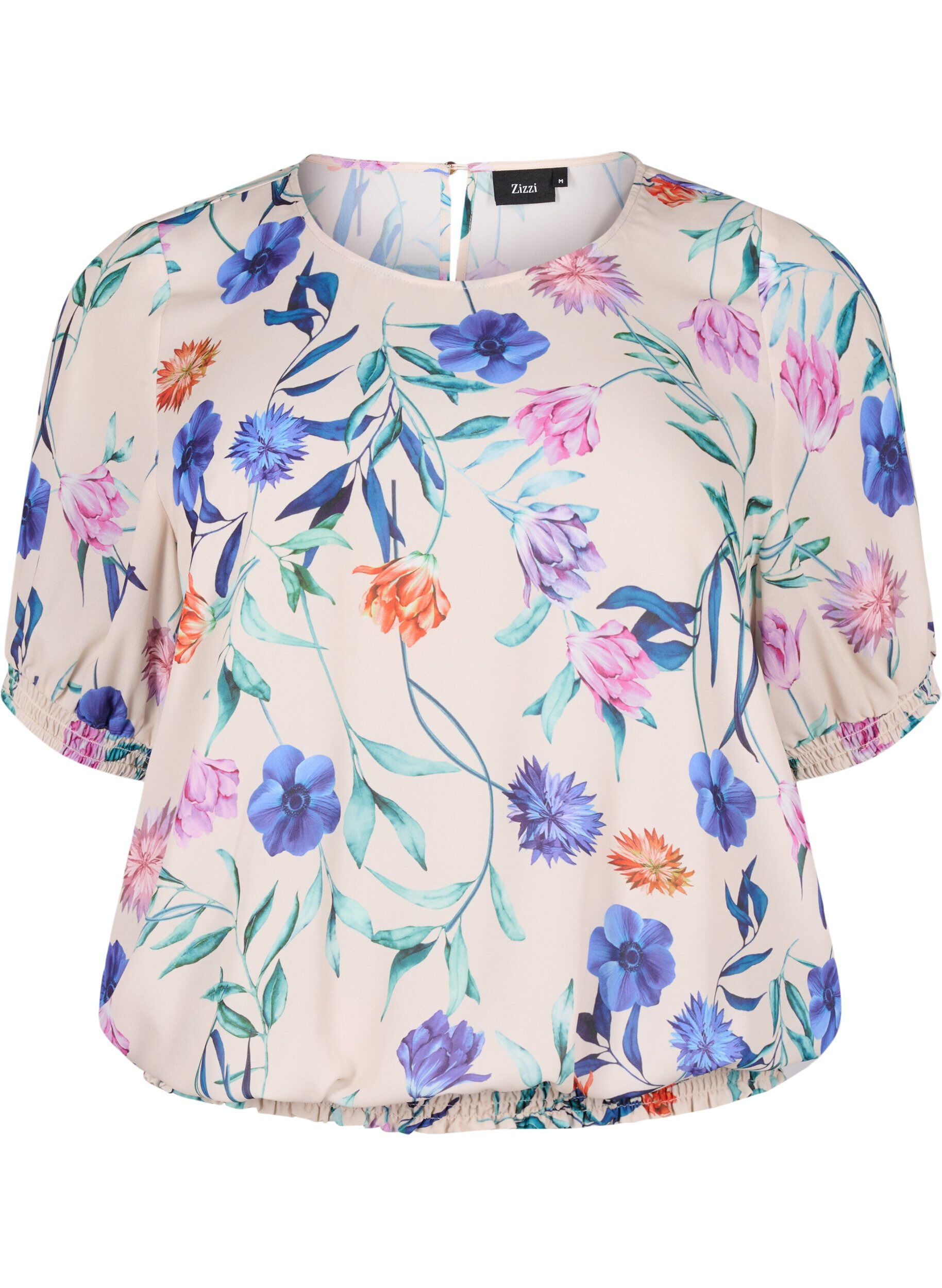 Zizzifashion Floral blouse with smocking, Blue, Packshot image number 0