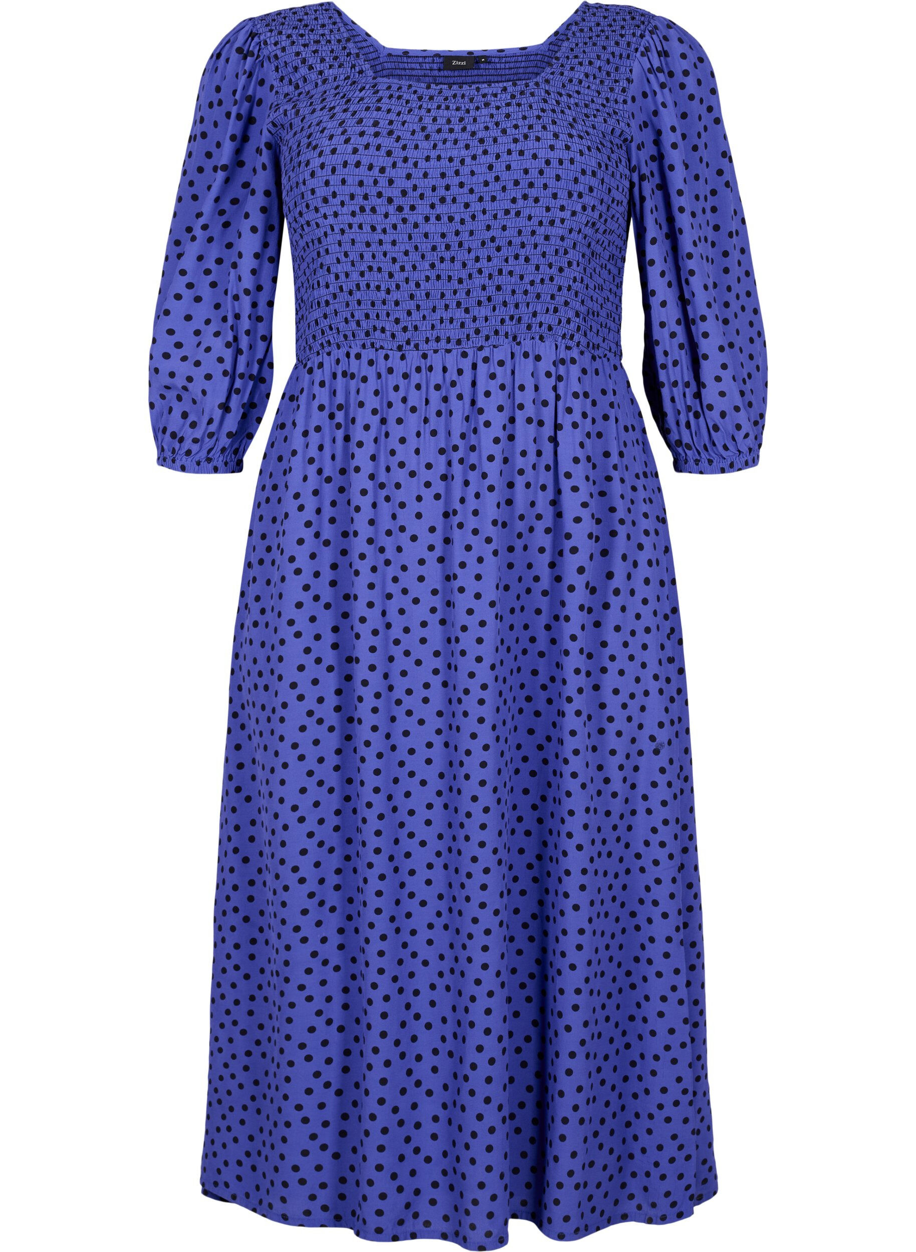 Zizzifashion Polka dotted viscose dress with smock, R.Blue w. Black Dot, Packshot image number 0