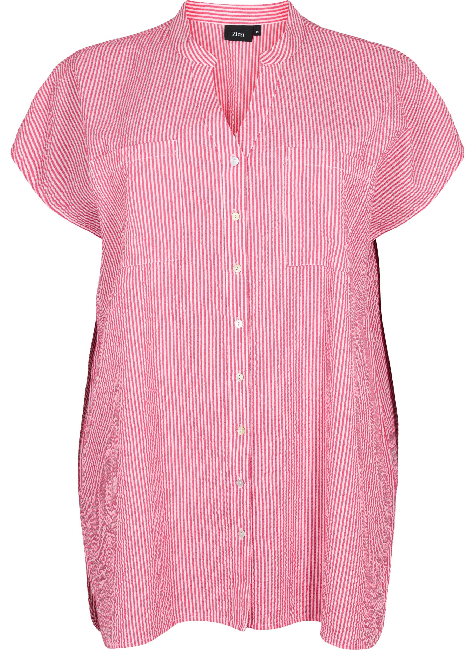 Zizzifashion Short-sleeved cotton shirt with stripes, Beetroot P. Stripe, Packshot image number 0