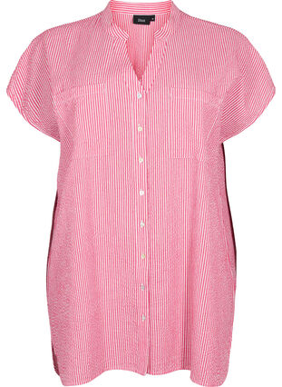 Short-sleeved cotton shirt with stripes, Beetroot P. Stripe, Packshot image number 0