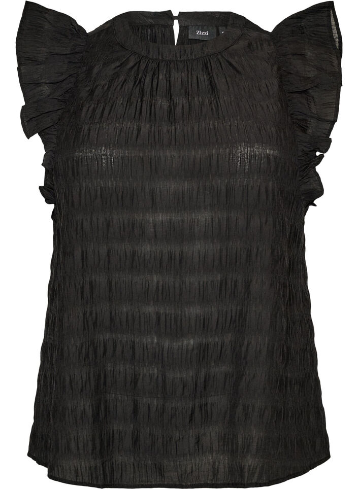 Sleeveless blouse with texture and ruffles, Black, Packshot image number 0