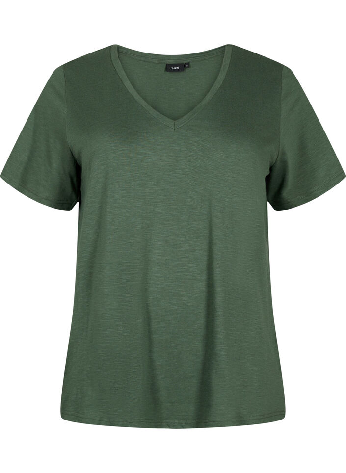 Short sleeve basic t-shirt with v-neck, Green, Packshot image number 0