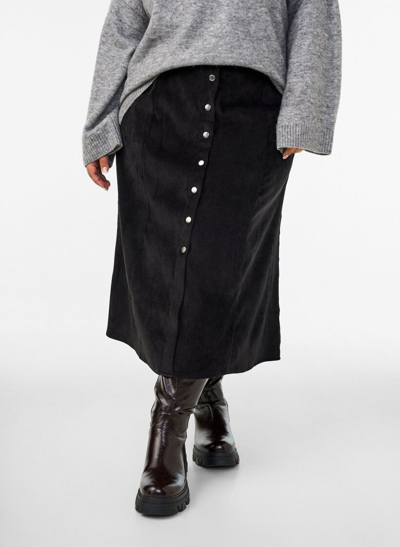 A-line corduroy skirt with buttons, Black, Model image number 3