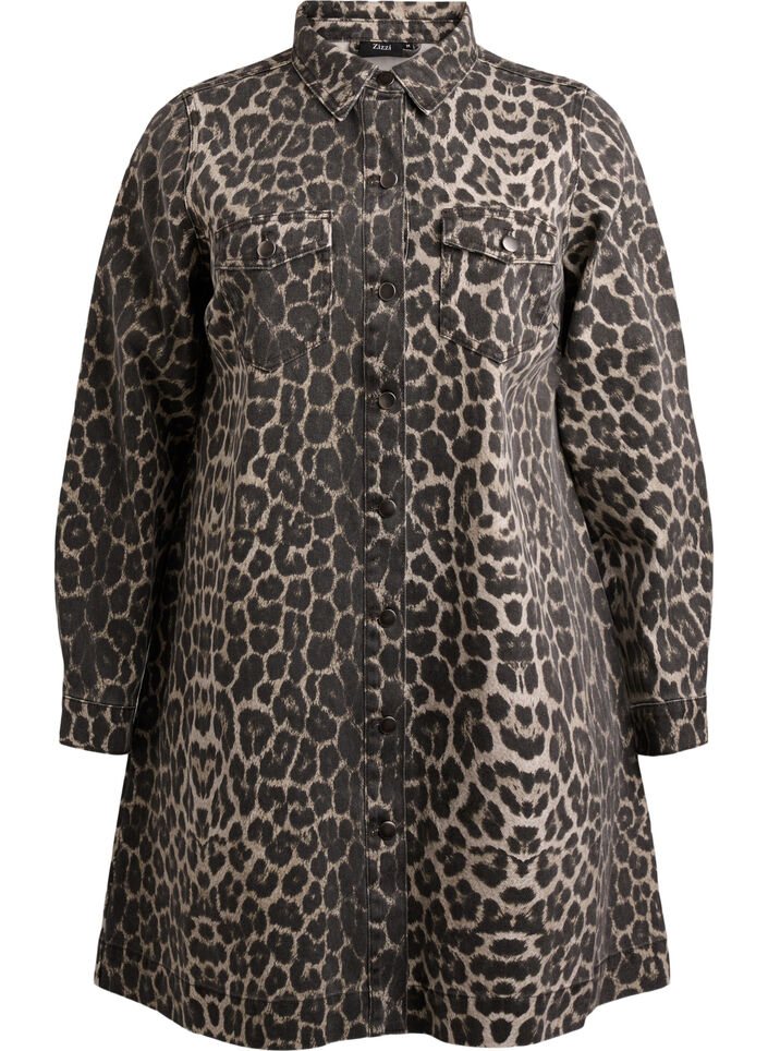 Long-sleeved denim dress with leopard print, Leo AOP, Packshot image number 0