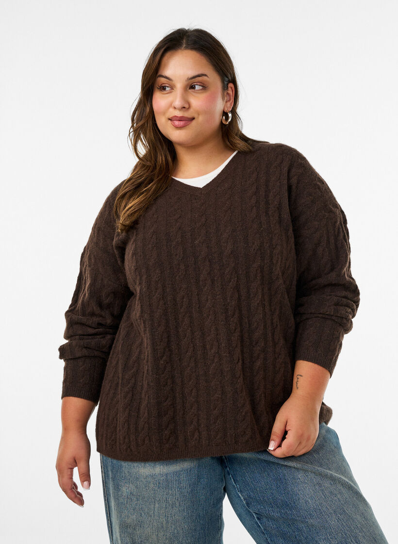 Knitted blouse with cable knit and V-neck, Brown, Model image number 0