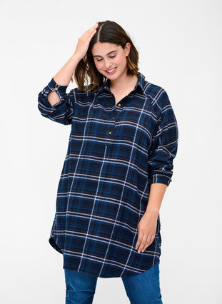 Loose-fitting tunic with checkered pattern, Black Check Comb, Model image number 0