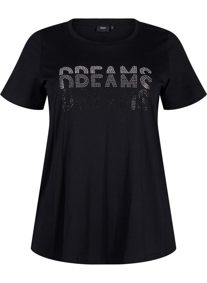 Cotton t-shirt with rhinestone motif, Black w. Dream, Packshot image number 0