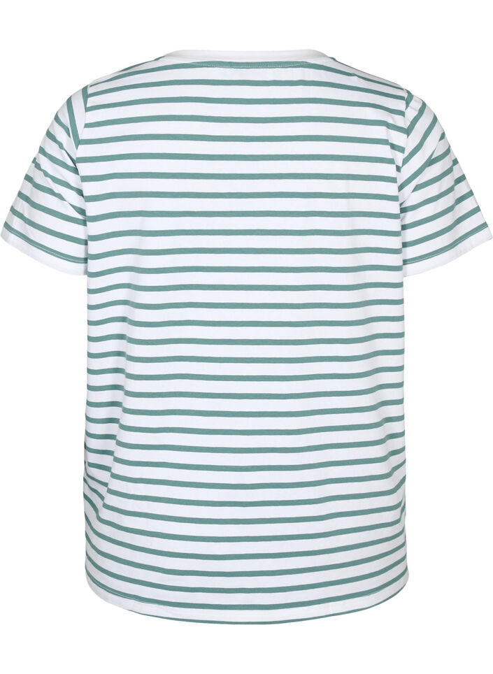 Cotton t-shirt with stripes and v-neck, B.White/SeaP.Stripes, Packshot image number 1