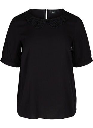 Viscose blouse with lace collar, Black, Packshot image number 0