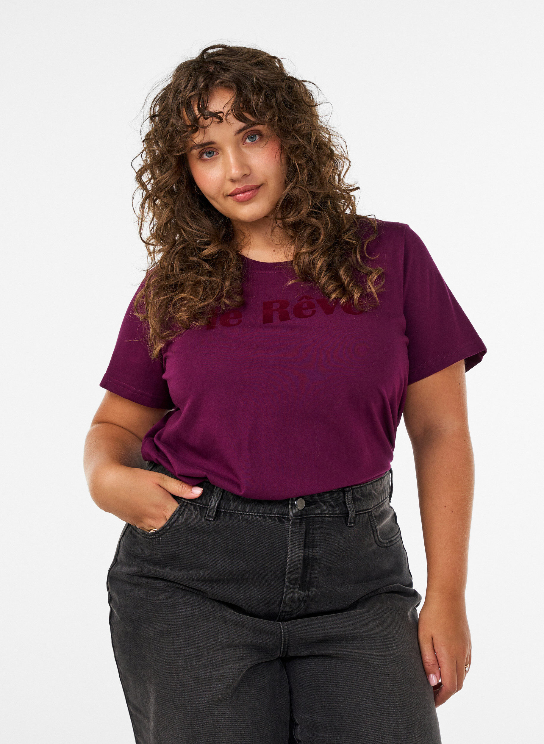 ZizzifashionOrganic cotton T-shirt with velour text, Purple, Model image number 0