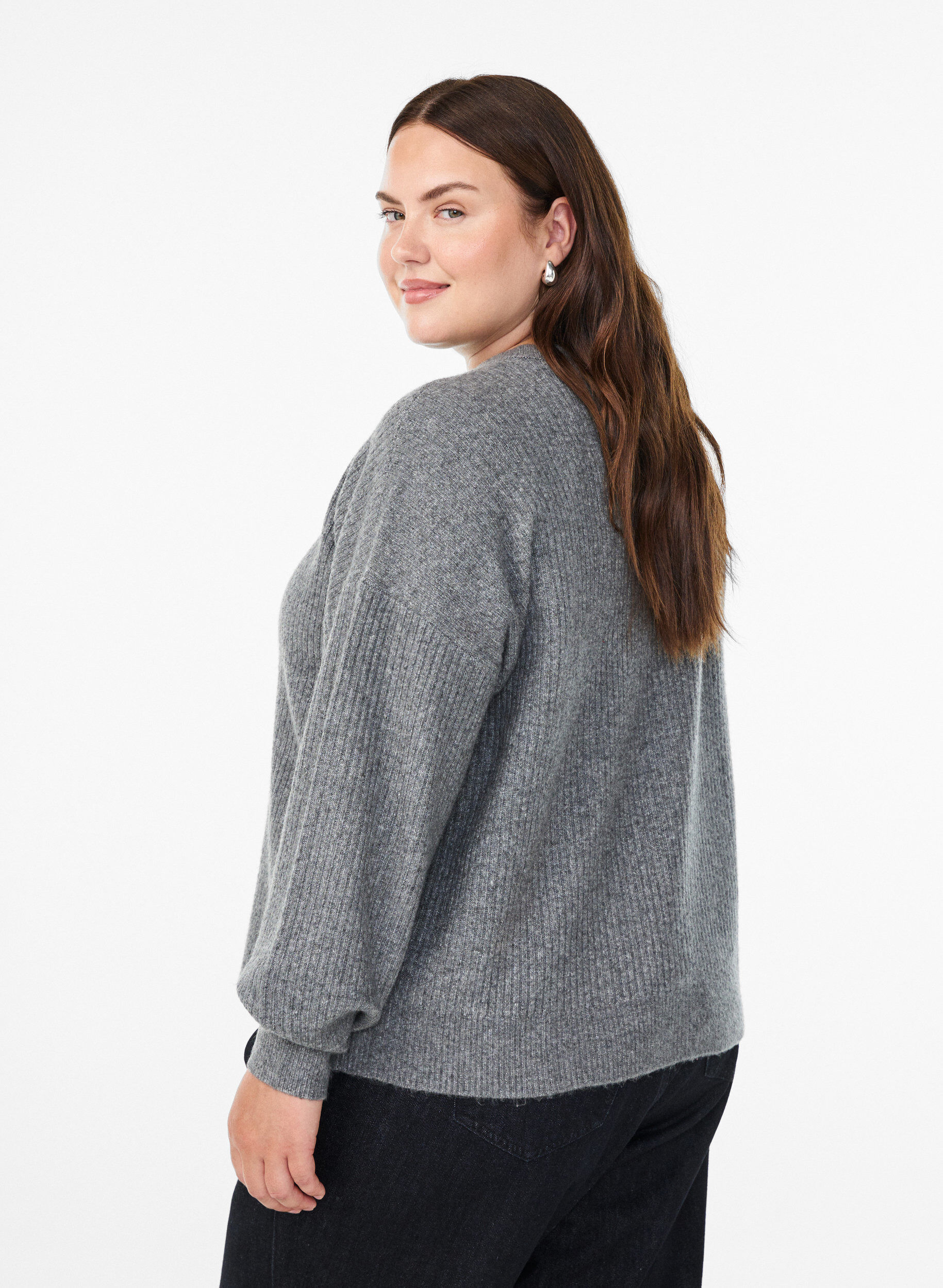 ZizzifashionRib knit cardigan with buttons, Grey, Model image number 2