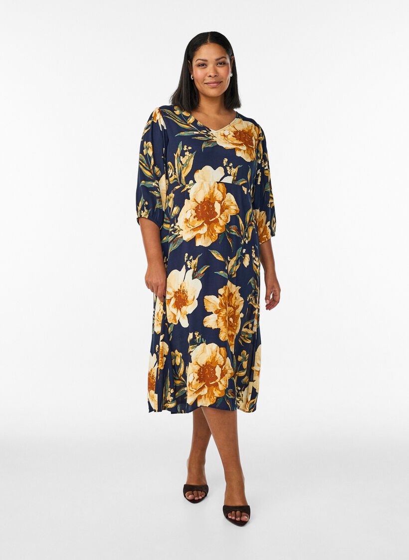Midi dress with floral print and 3/4 sleeves, Blue, Model image number 1
