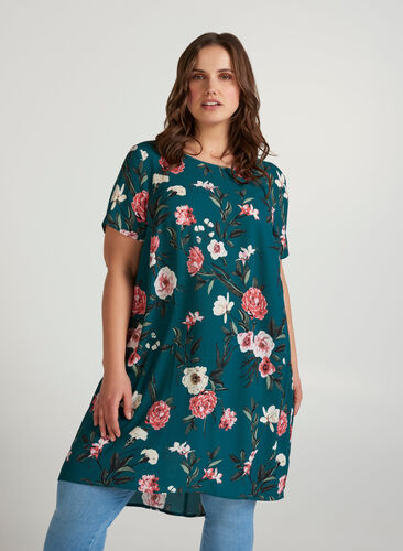 Dress with short sleeves, GREEN FLOWER AOP, Model image number 0