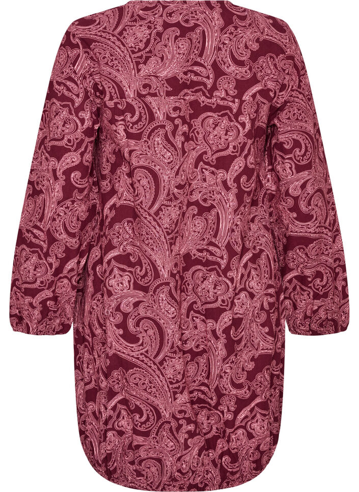 Short cotton dress with an elasticated hem and long sleeves, Dark Bordeaux, Packshot image number 1