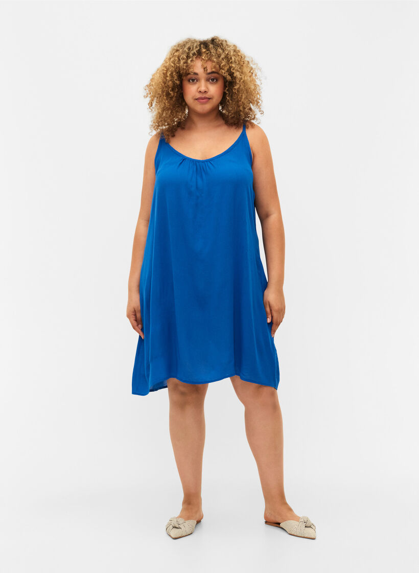 Solid colour strap dress in viscose, Blue, Model image number 1