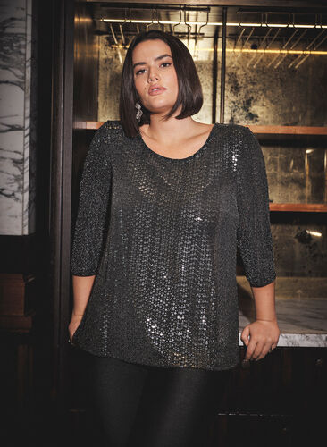 Blouse with 3/4 length sleeves and sequins, Black w Silver, Image image number 0