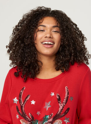 Christmas sweatshirt with sequins, Tango Red, Model image number 2