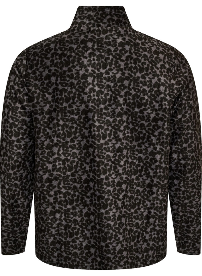 Fleece jacket with leopard print and a high collar, Black, Packshot image number 1