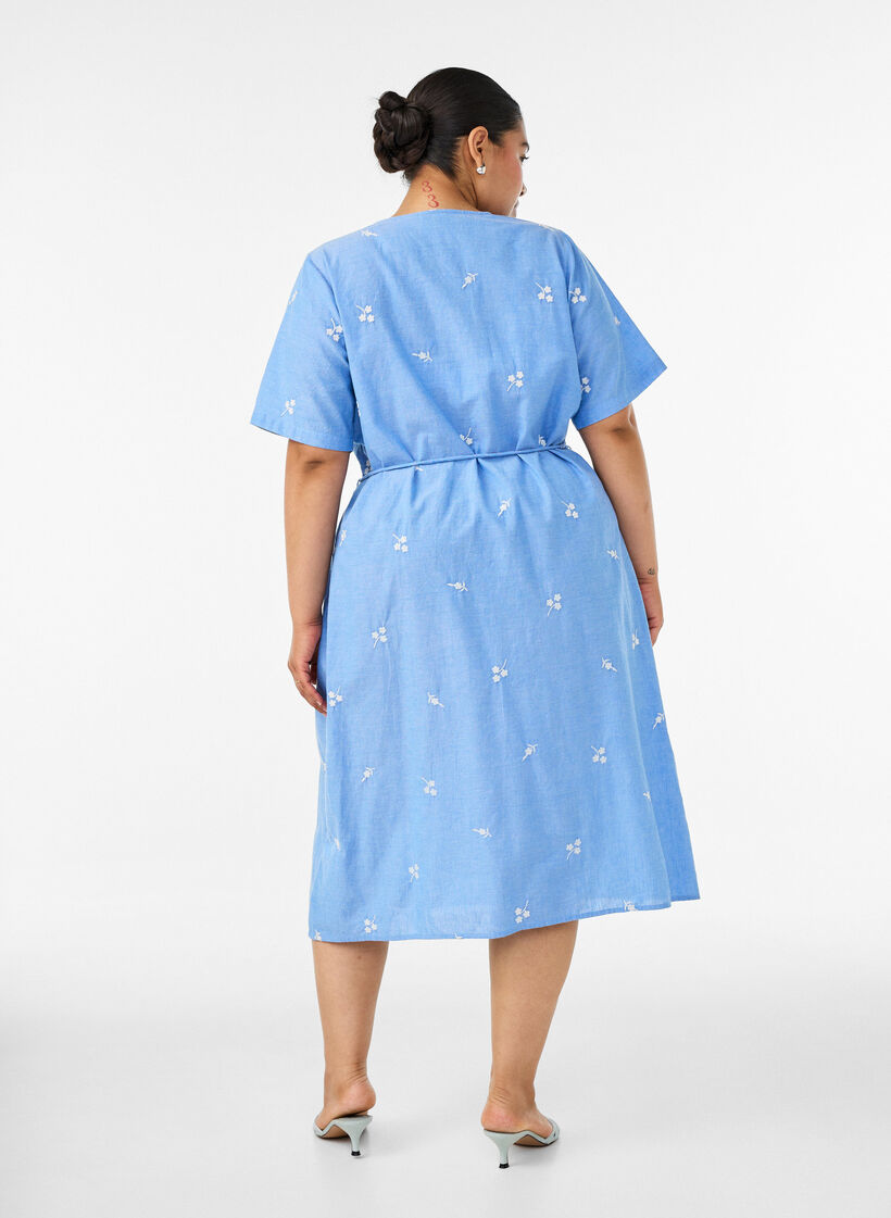 Cotton shirt dress with embroidered flowers, Light Blue, Model image number 1
