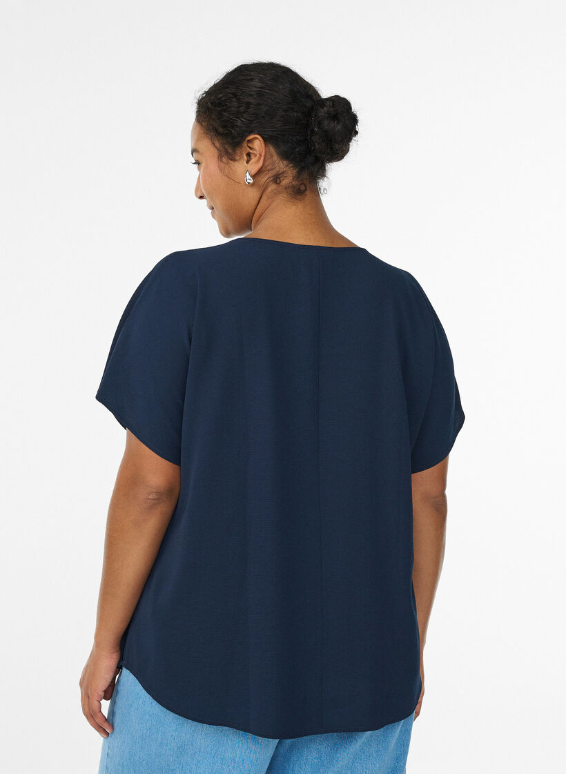 Blouse with short sleeves and a round neckline, Blue, Model image number 2