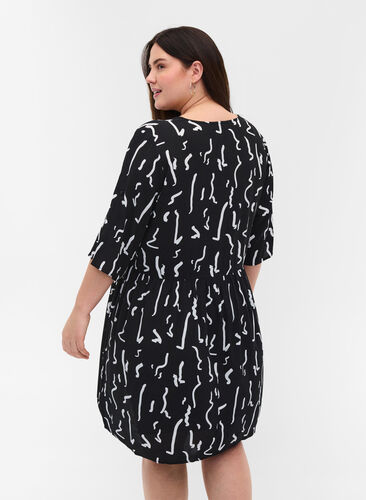 Printed viscose tunic with 1/2 sleeves, Black Paint Strokes, Model image number 1