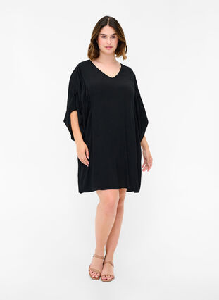 Viscose tunic with decorative 3/4 sleeves, Black, Model image number 2