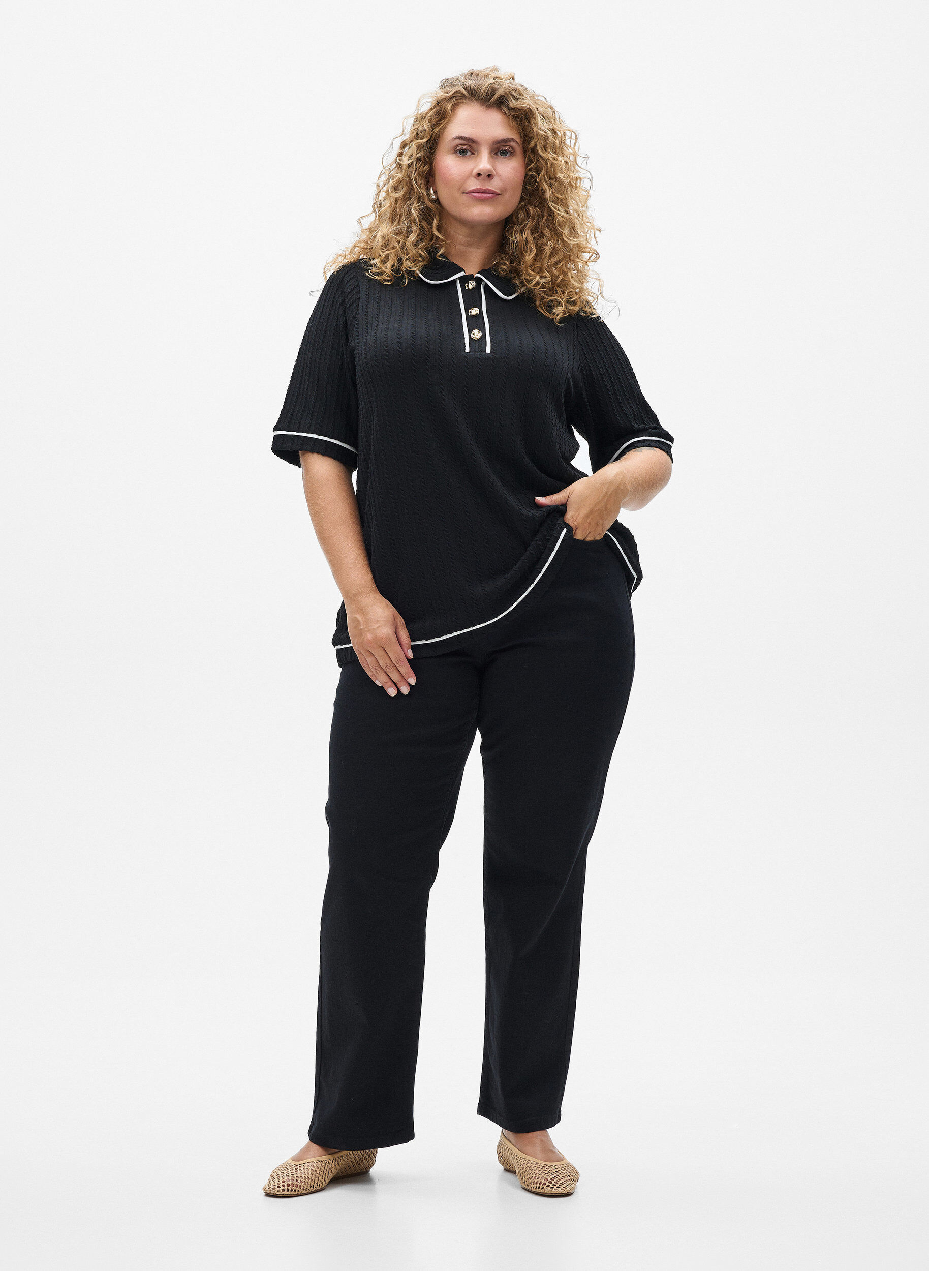 Zizzifashion Textured jersey polo shirt with contrast trims, Black, Model image number 1