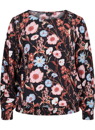 Floral viscose blouse with smock detail, Black Flower AOP, Packshot image number 0