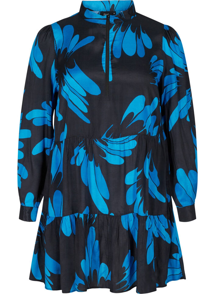 Printed viscose tunic with zip, Dark Blue AOP, Packshot image number 0