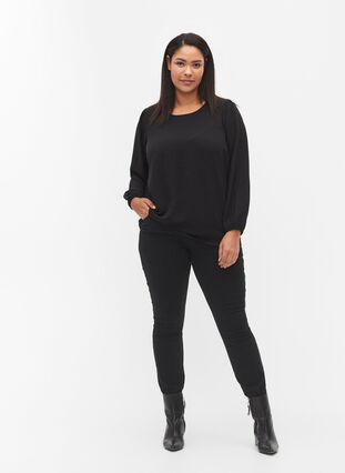 Blouse with puff sleeves, Black, Model image number 2
