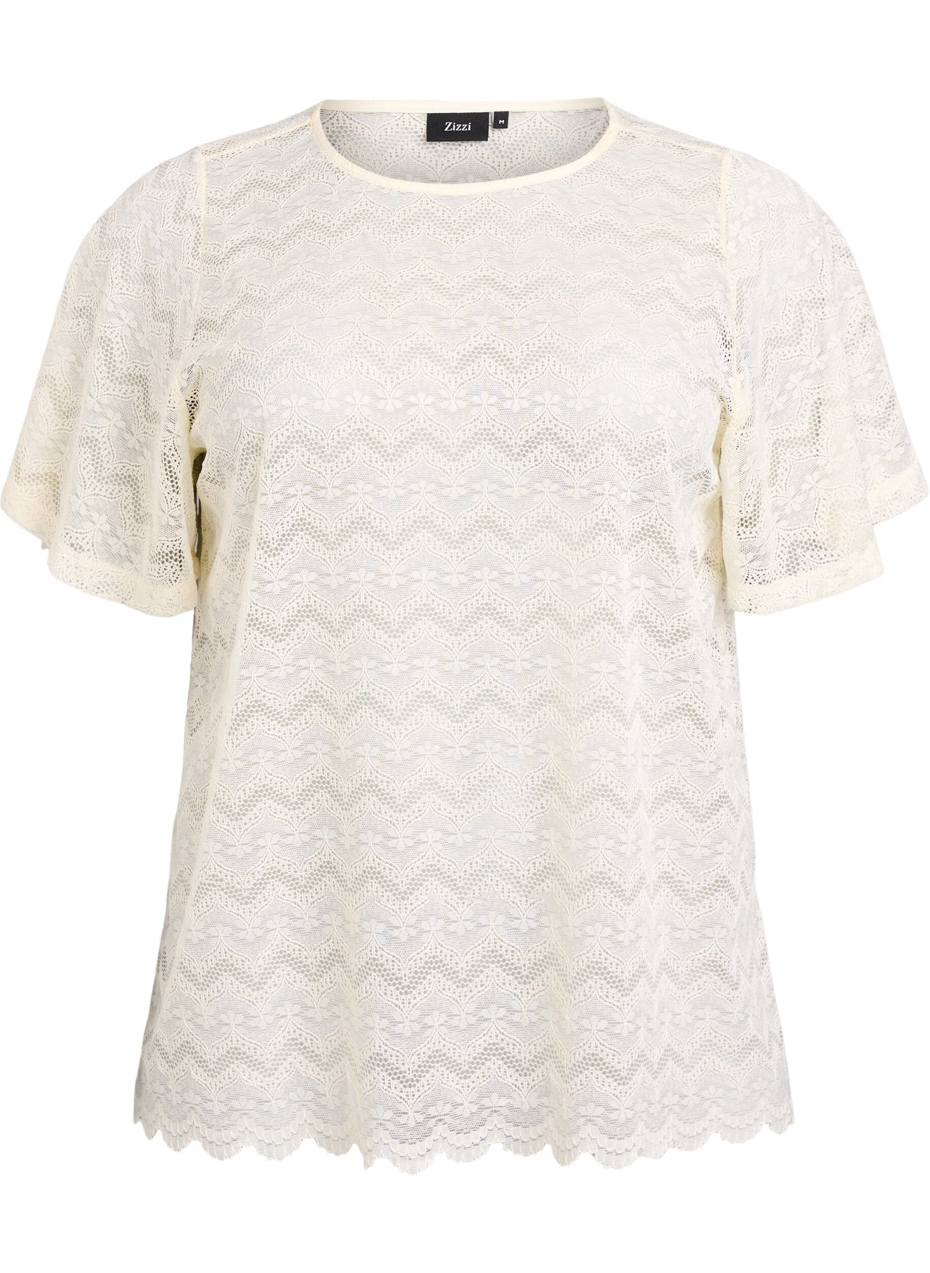 Lace blouse with short sleeves and scalloped hem