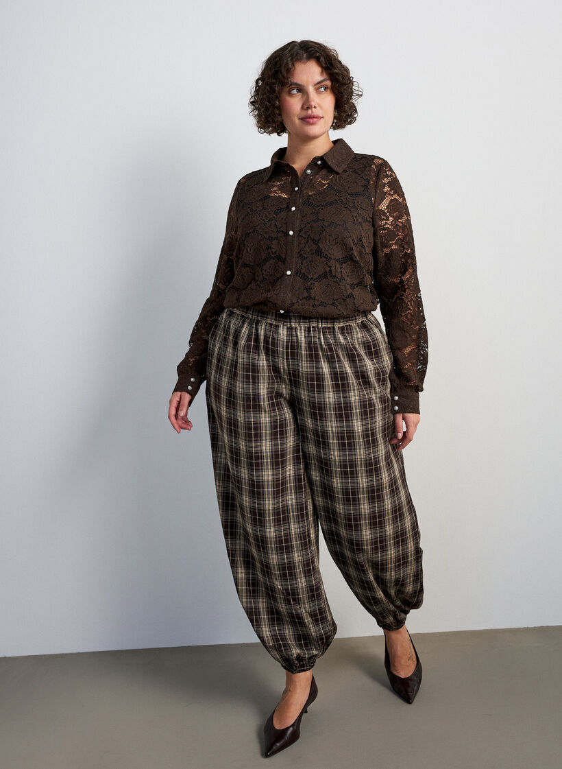 Lace shirt with pearl buttons, Brown, Model image number 1
