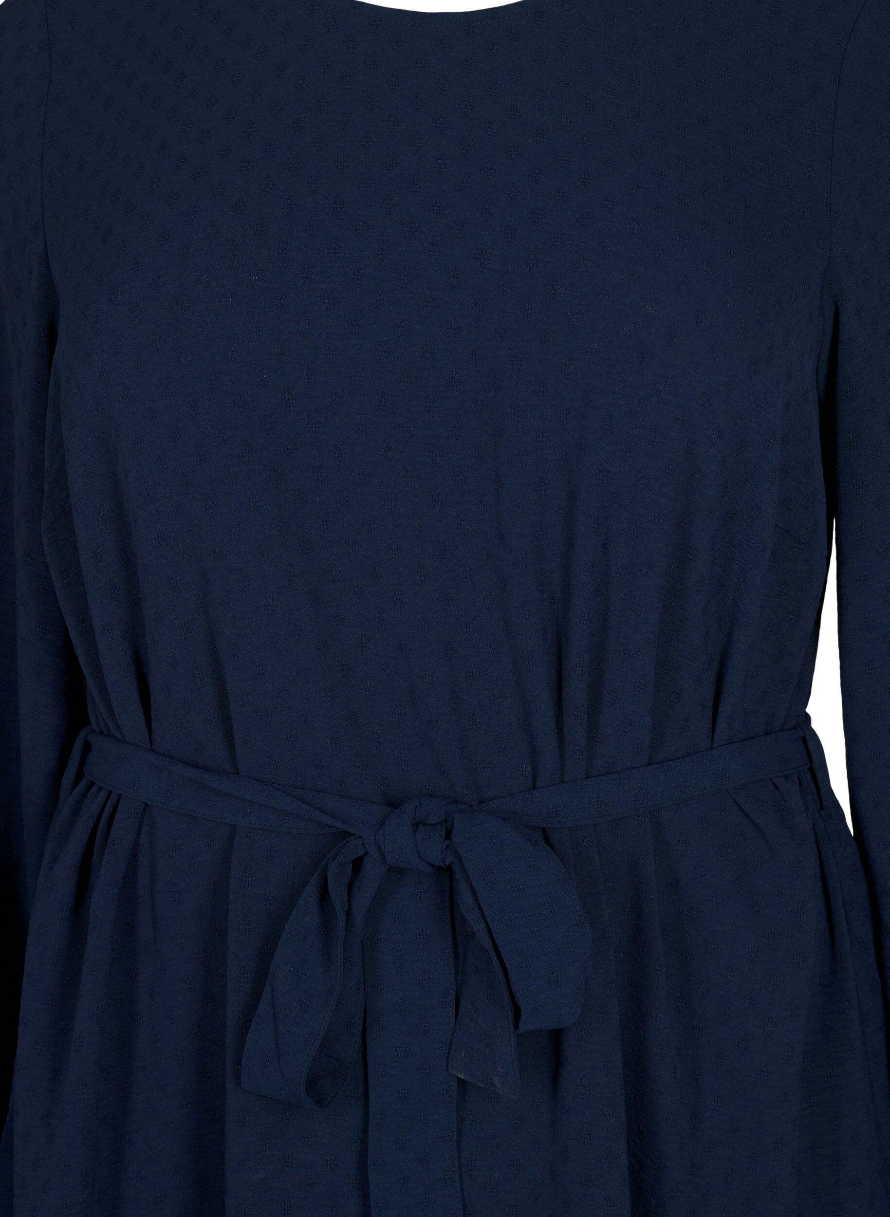 Zizzifashion Short textured dress with a tie belt, Navy Blazer, Packshot image number 2