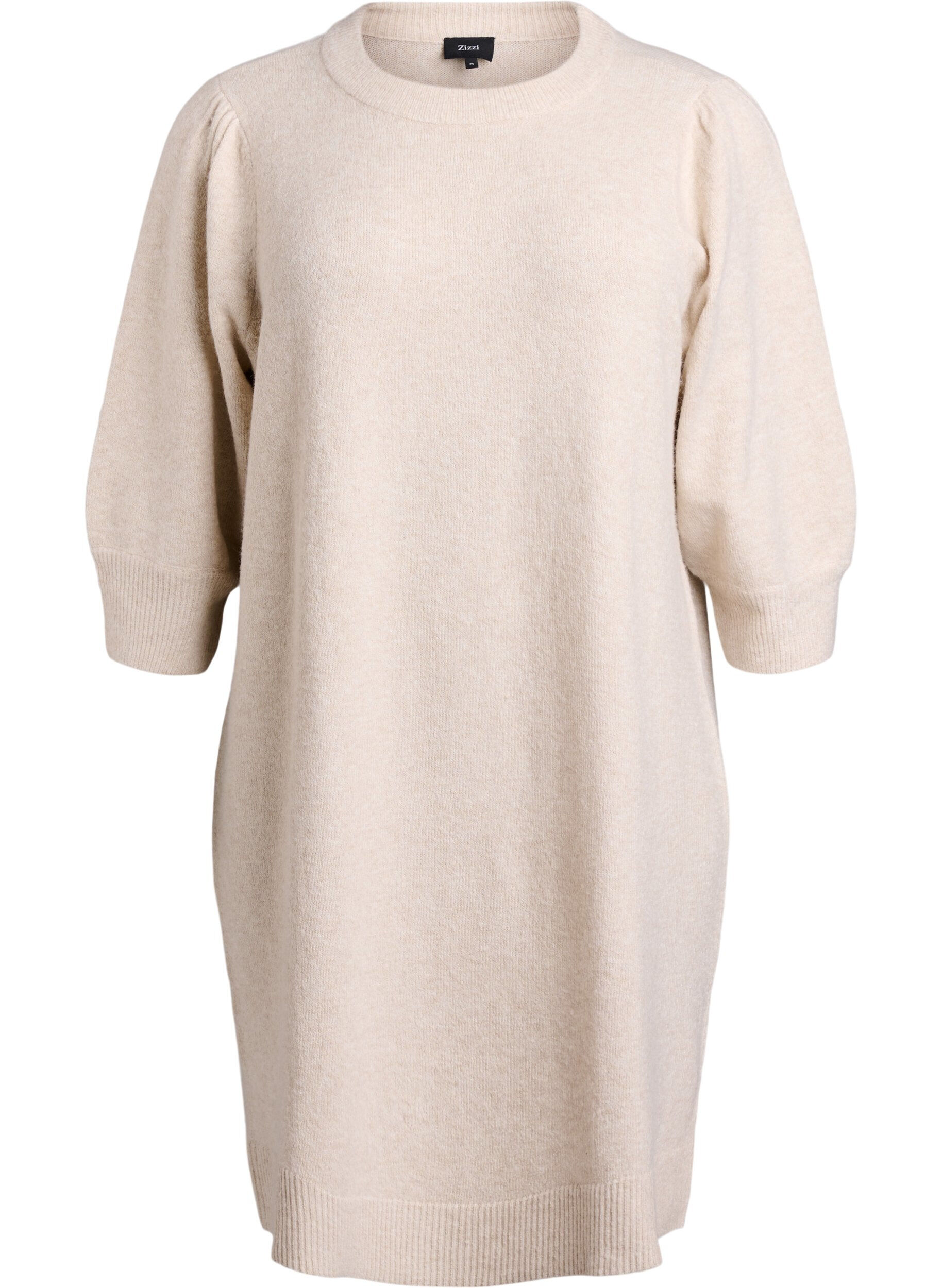 Zizzifashion Knitted dress with 3/4 sleeves and a round neck, P. Stone White Mel., Packshot image number 0