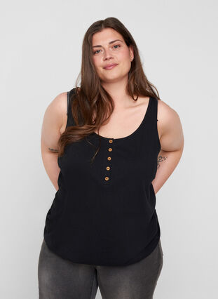 Top with a round neckline and buttons, Black, Model image number 0