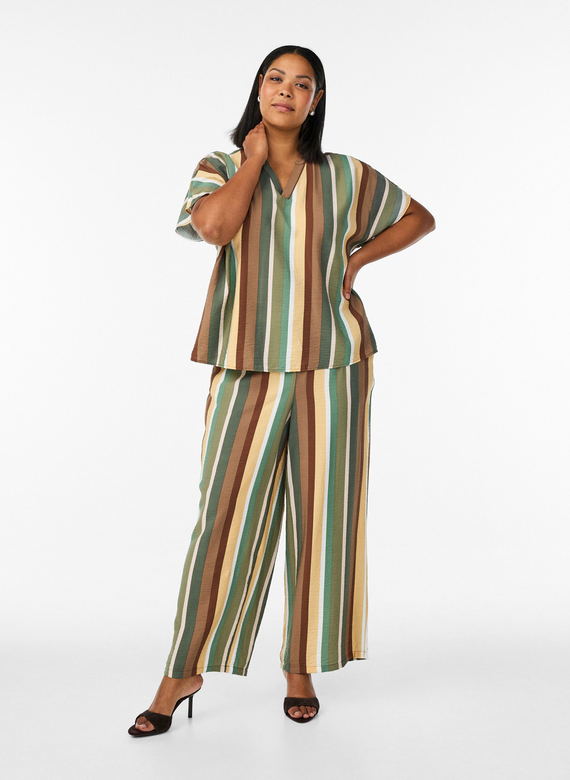 Zizzifashion Loose viscose trousers with stripes, Brown, Model image number 0