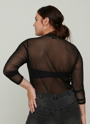 Close-fitting mesh blouse with a high neck, Black, Model image number 1