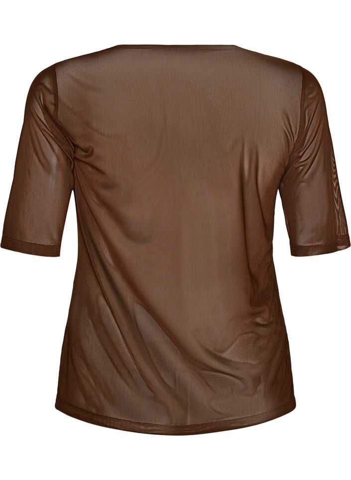 Mesh top with short sleeves and round neck, Brown, Packshot image number 1