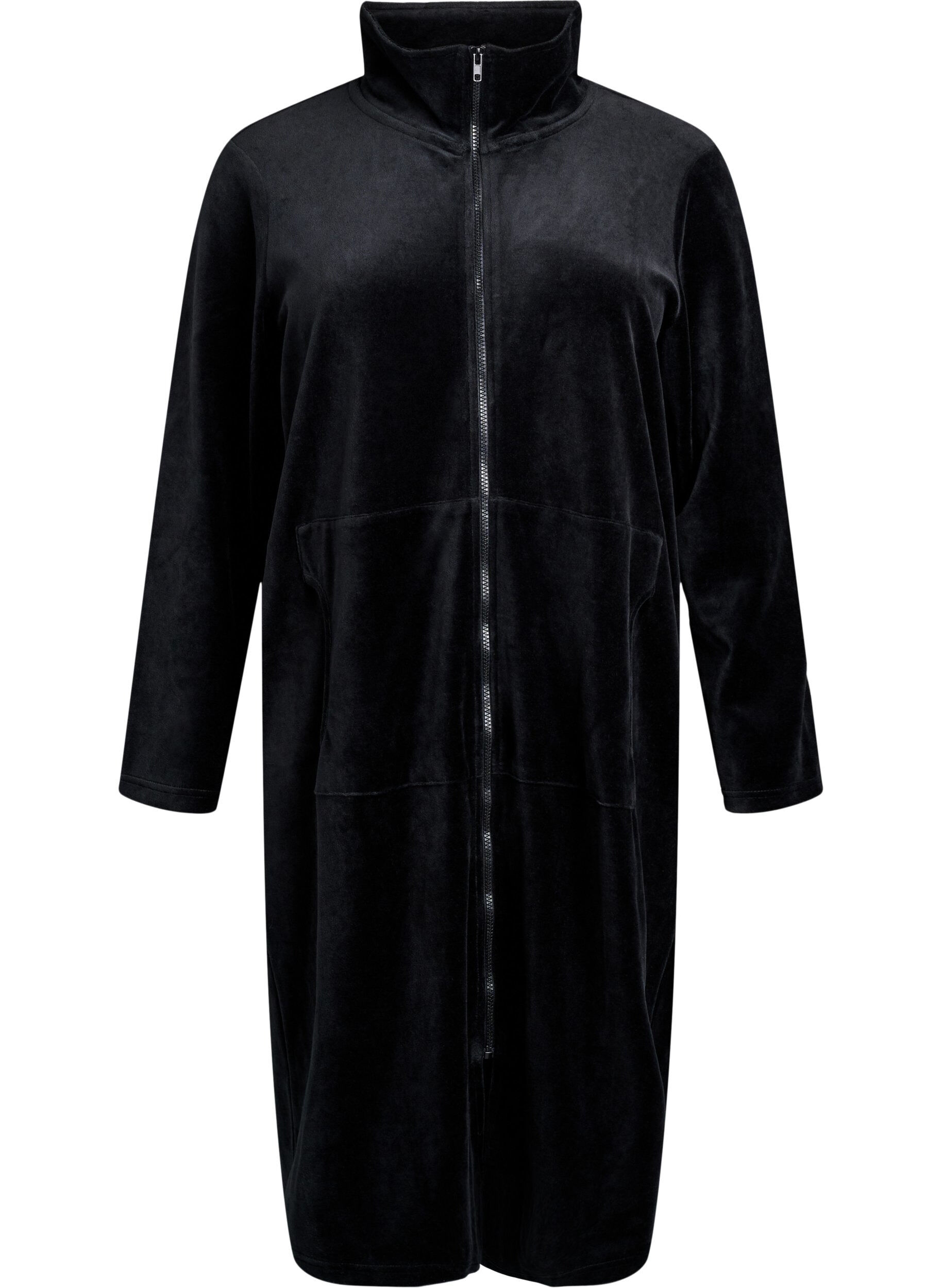 Zizzifashion Velour dressing gown with zipper and pockets, Black, Packshot image number 0