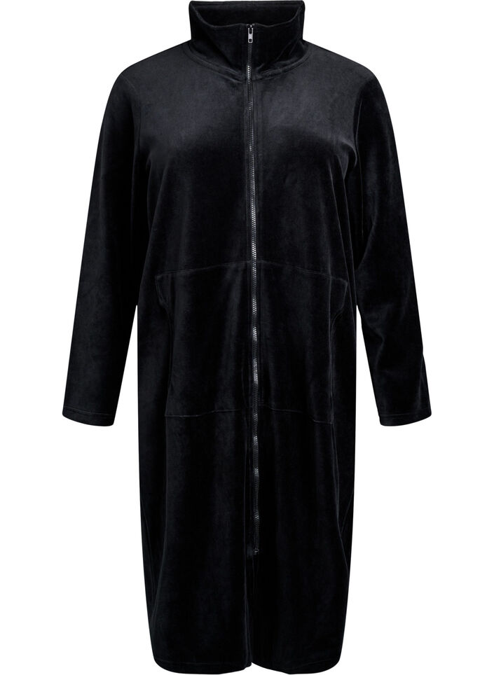 Velour dressing gown with zipper and pockets, Black, Packshot image number 0