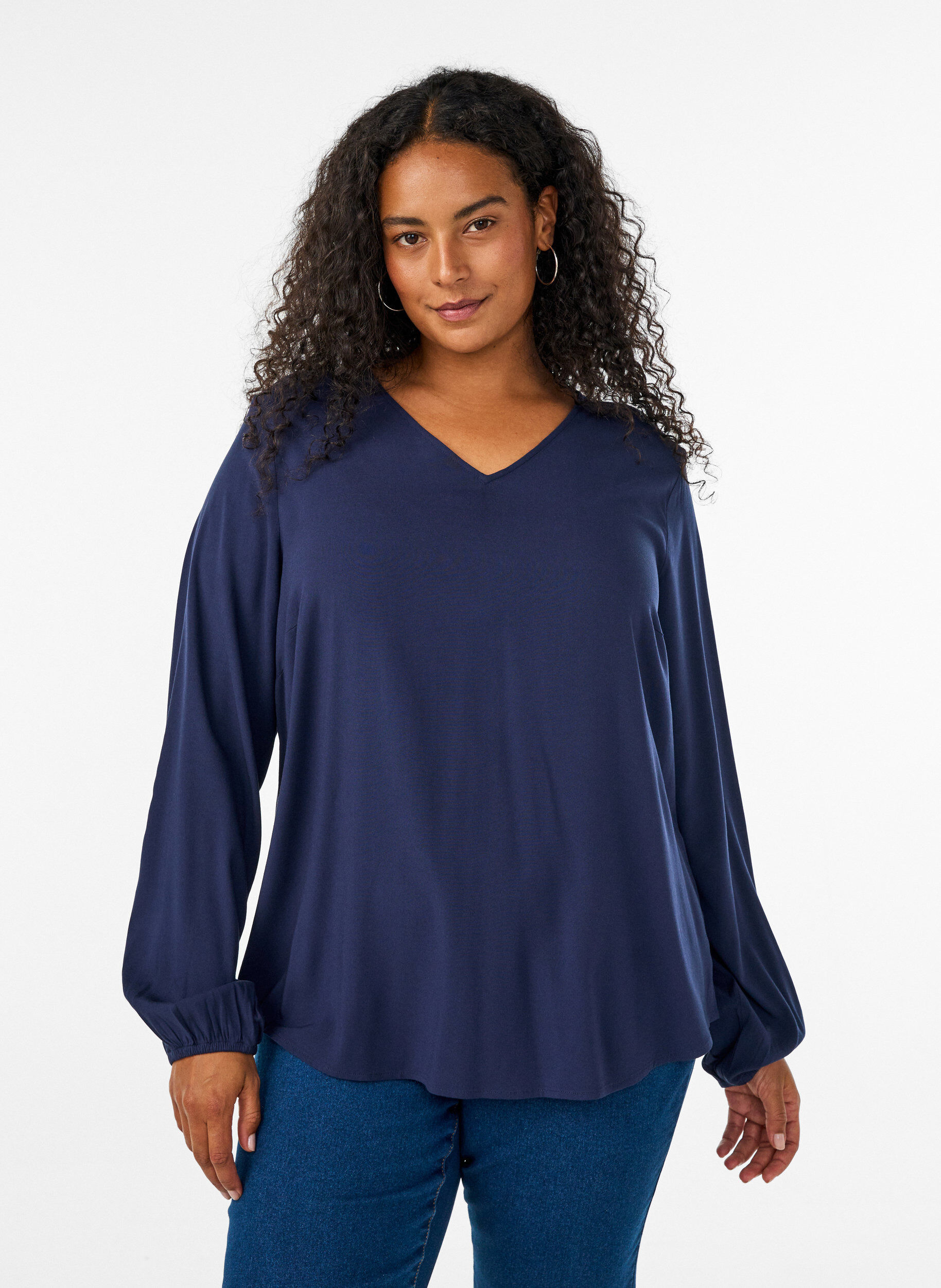 ZizzifashionViscose blouse with V-neck and rounded hem, Blue, Model image number 0