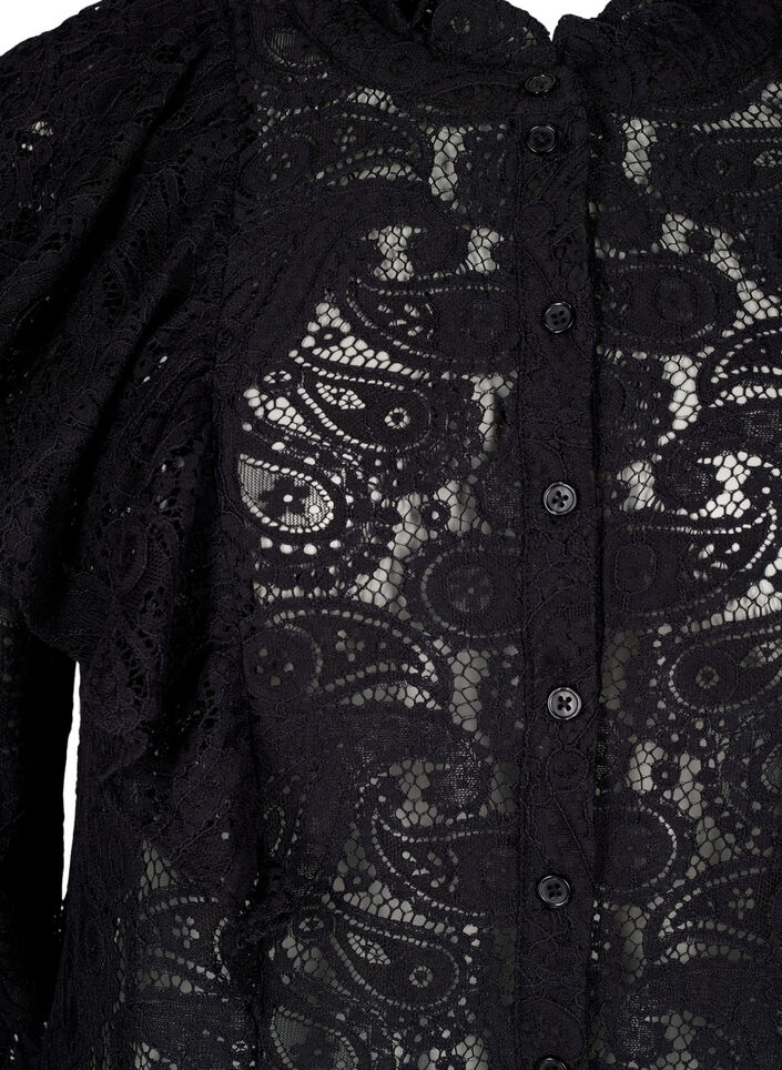 Lace shirt blouse with ruffle detail, Black, Packshot image number 2