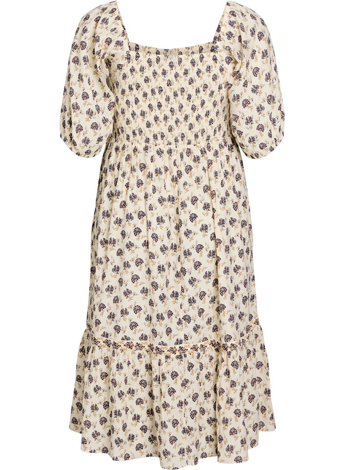Midi dress with print and smock detailing, Vanilla, Packshot image number 1