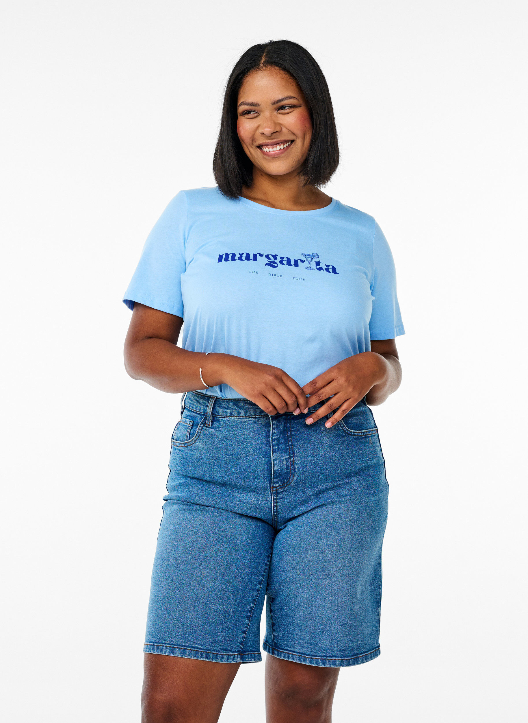 Zizzifashion FLASH - Loose denim shorts with high waist, Light Blue, Model image number 0